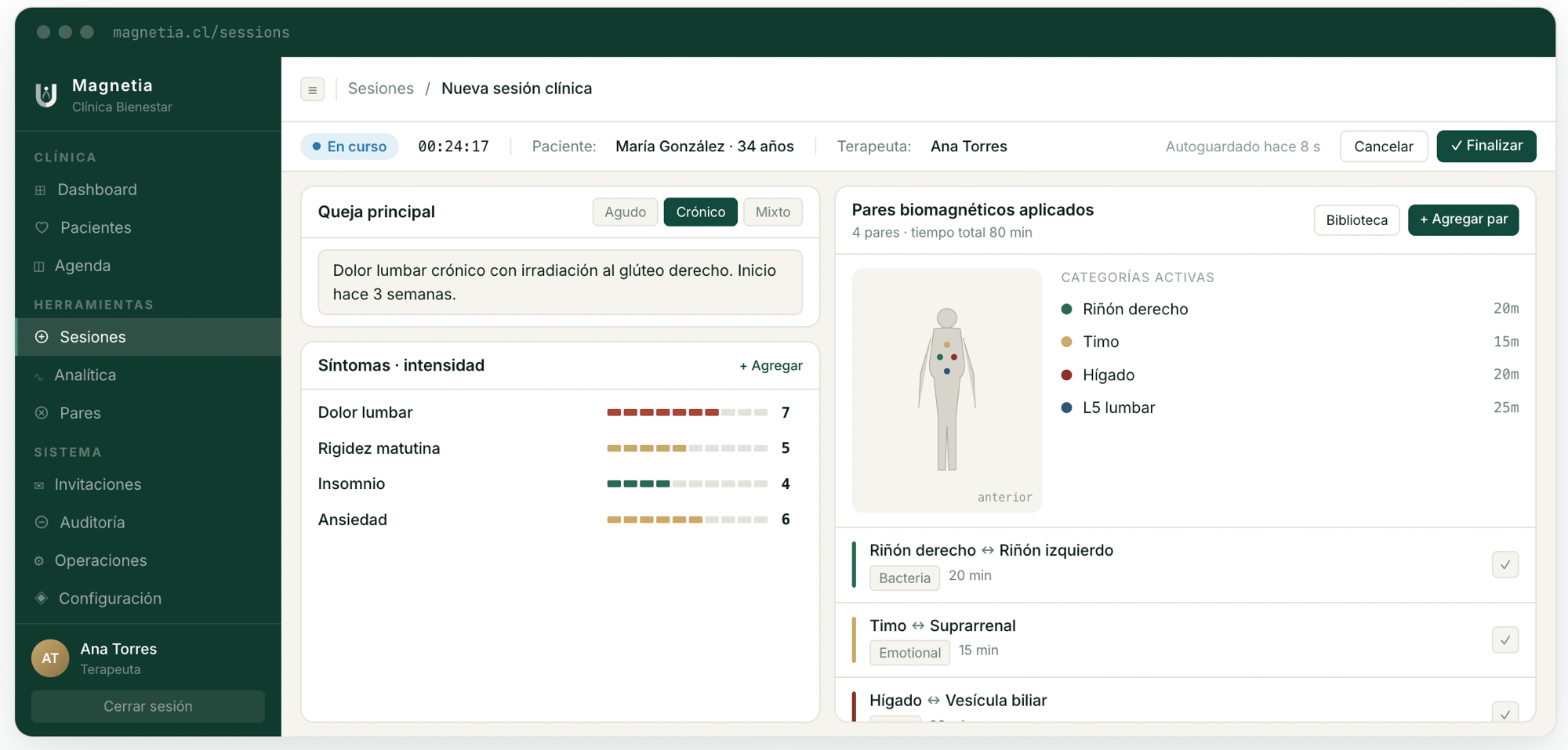 Registro de sesión clínica y pares biomagnéticos en Magnetia